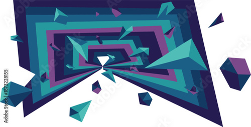 Vibrant geometric tunnel with 3d shapes and abstract fragments in purple and blue hues