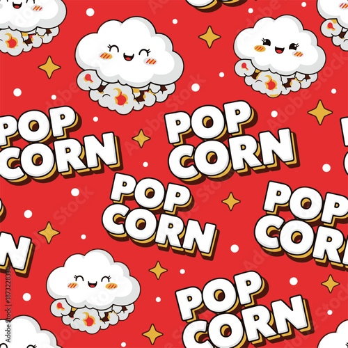Cheerful Pop Corn Seamless Pattern featuring Adorable Smiling Snack Characters, Fun Text, and Scattered Stars