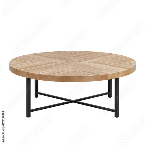Round Wooden Table With Black Metal Base in a Modern Living Room Setting
