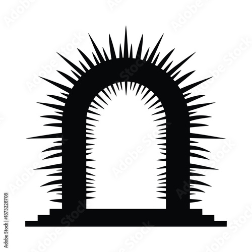 A black and white illustration of a spiky archway or portal design