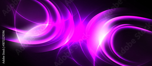 Abstract purple light streaks radiate from central bright point. Dynamic curves create flowing energy, dark background enhances glow.