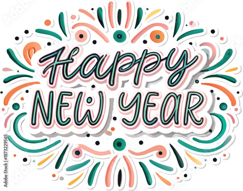 New Year's Delight: A festive illustration declares Happy New Year, embodying the joy, excitement, and fresh beginnings of a new annual cycle.