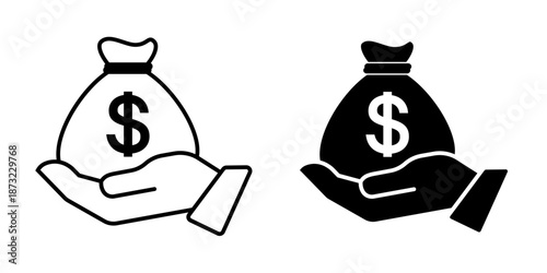 Hand holding money bag with dollar sign. Financial wealth and prosperity symbol. Flat icon. Financial icons. Investment, wealth, currency, economy symbol. Vector illustration