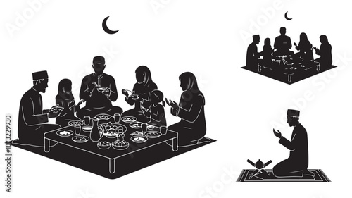 Muslim Family Breaking Fast During Ramadan on Mat with Food and Crescent Moon