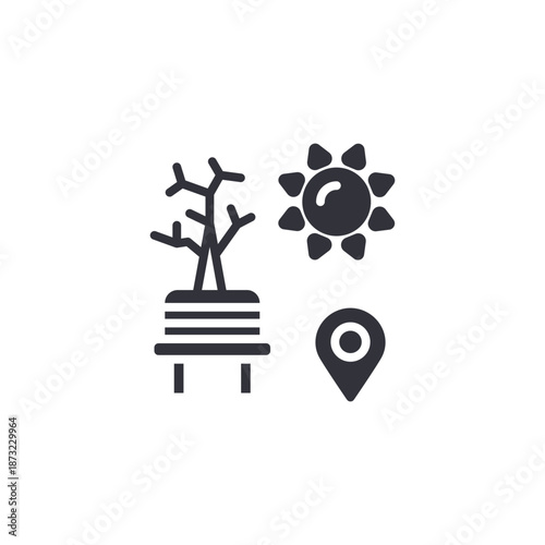 Park location icon symbolizing outdoor navigation, green space mapping, recreation areas, and environmental landmarks.