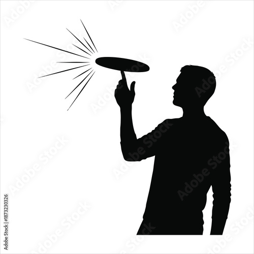 Ultimate frisbee disc spinning on finger silhouette with player in playful dynamic pose in black and white vector