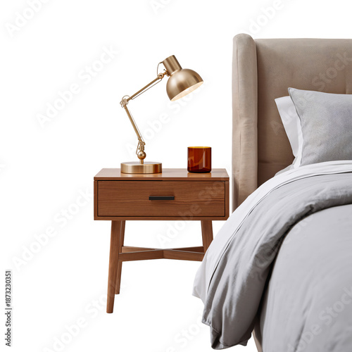 Modern Bedside Table With Lamp and Cozy Bedding in a Bedroom Setting