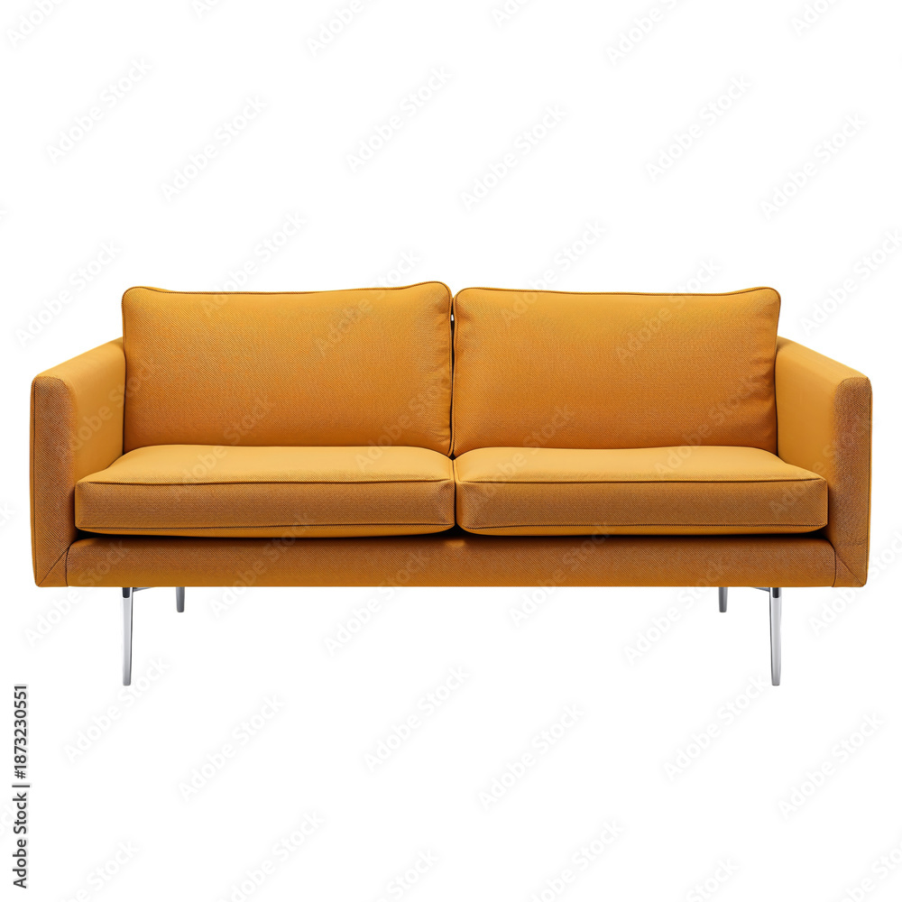 Fototapeta premium Comfortable orange Sofa With Wooden Legs in Simple Living Room Setting for Relaxation or Conversation