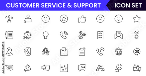 Customer service icons depicting support, assistance, communication, call centers, help desks, satisfaction, feedback, solutions, responsiveness.