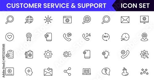 Customer service icons depicting support, assistance, communication, call centers, help desks, satisfaction, feedback, solutions, responsiveness.