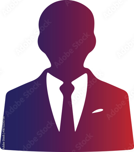 A gradient silhouette of a man in a suit and tie featuring purple red and blue tones on transparent background