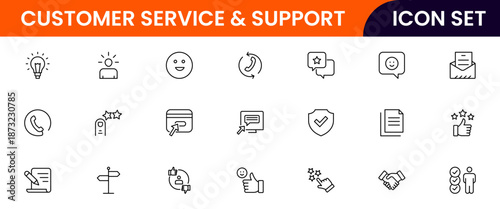 Customer service icons depicting support, assistance, communication, call centers, help desks, satisfaction, feedback, solutions, responsiveness.