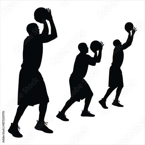 Ultimate frisbee group practice silhouette with three players throwing toward basket in staggered black and white vector