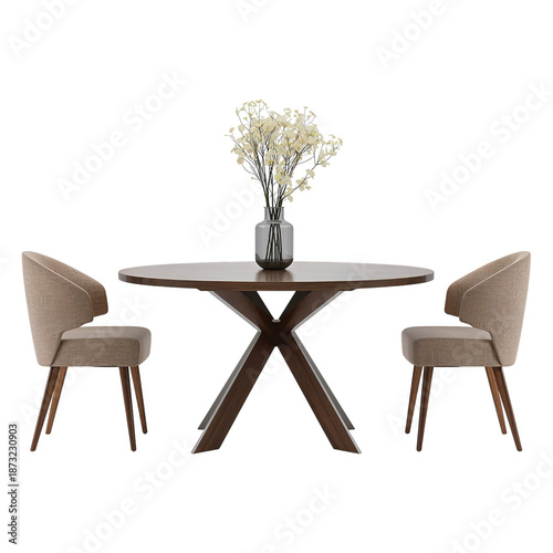 Dining Table With Two Chairs and a Vase of Flowers in a Simple Setting