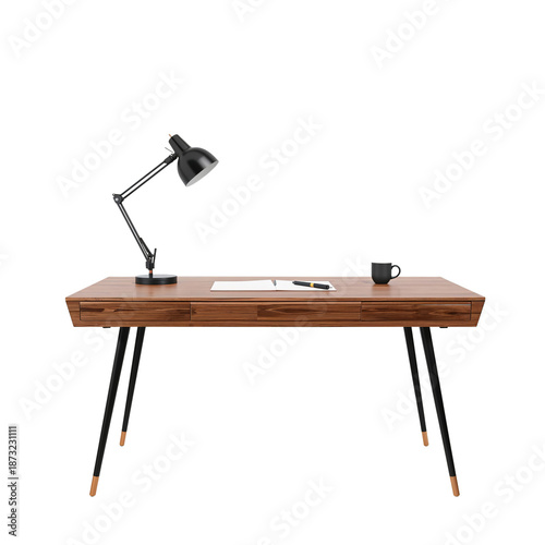 Workspace Setup With a Wooden Desk, Lamp, Cup, and Stationery in a Simple Layout