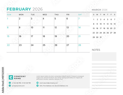 February 2026 Monthly Calendar Template for Planning and Organization improves team workflow and daily task tracking with clear minimalist layout. Week starts on Sunday. vector illustration