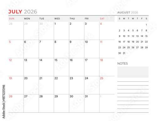 July 2026 Monthly Calendar Template supports strategic planning with minimalist blank lines, ideal for organized workspaces and efficient scheduling routines, vector illustration
