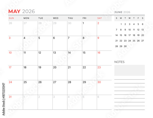 May 2026 Monthly Calendar Template refines executive strategies using minimalist blank lines, perfect for planning goals and focus tracking, great for business use, vector illustration