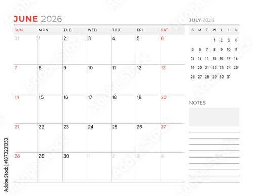 June 2026 Monthly Calendar Template streamlines business tasks with minimalist blank lines, perfect for planning sessions and workflow optimization in office settings, vector illustration