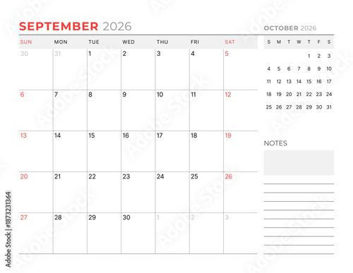 September 2026 Monthly Calendar Template boosts executive control with minimalist blank lines, perfect for workspaces and planning routines, ideal for management use, vector illustration