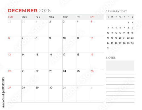 December 2026 Monthly Calendar Template improves executive planning with minimalist blank lines, ideal for business workflows and strategy meetings, supports efficiency, vector illustration