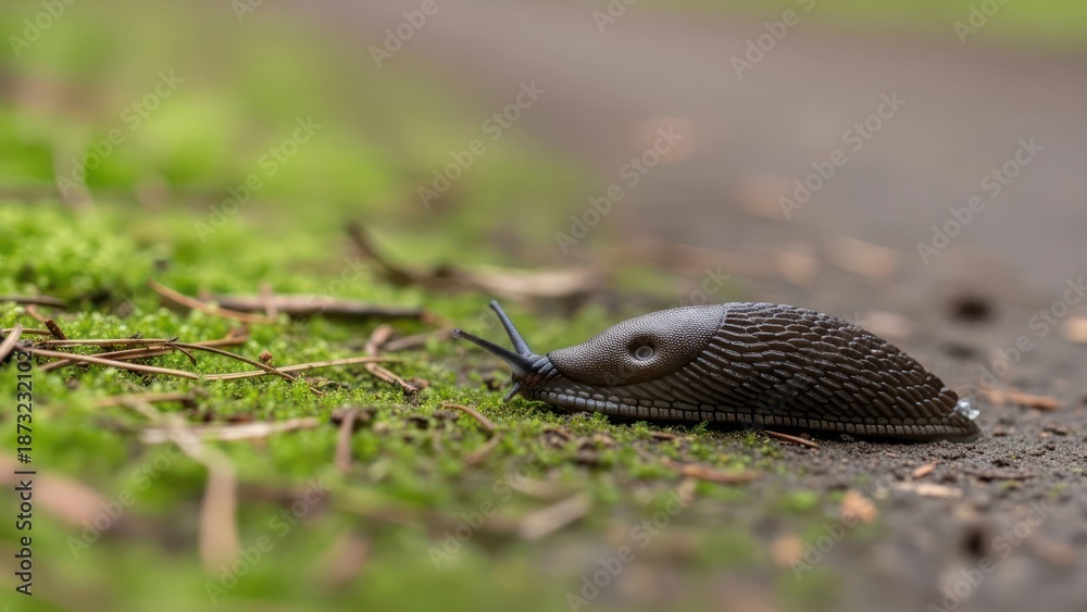 Obraz premium Close-up of a brown gastropod, slimy, on a mossy path outdoors