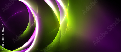 Abstract design features flowing curves, vibrant purple, green hues. Smooth gradients create dynamic visual effect. Modern, energetic composition.