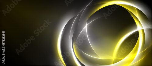 Abstract design features glowing yellow curves over dark background. Dynamic composition creates modern visual impact. Smooth gradients enhance depth.
