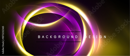 Abstract design features glowing curves, vibrant purple, gold hues. Dark background enhances luminosity, creating dynamic visual effect.