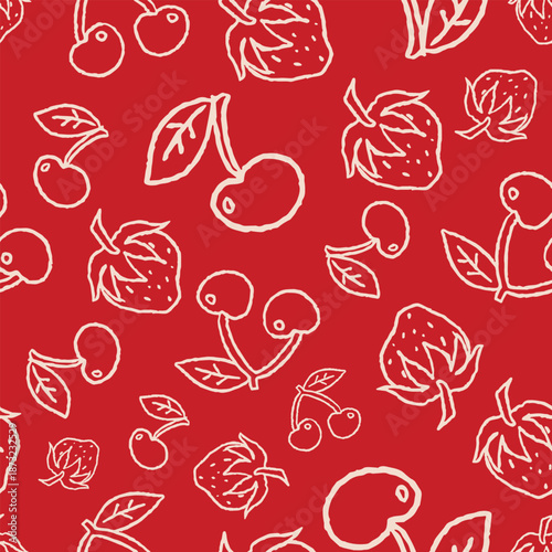 Bold Red Cherry Strawberry Line Art Pattern