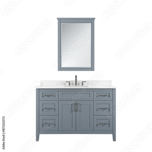 Bathroom Vanity With Mirror Above and Multiple Storage Drawers in Gray Color ...