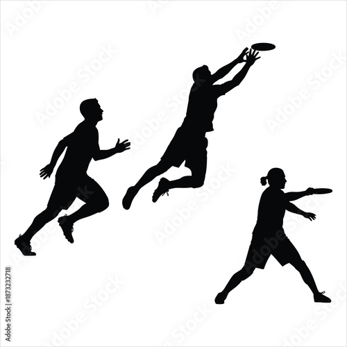 Ultimate frisbee player montage with running jumping catch and throwing stance silhouettes in black and white vector style