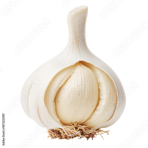 Garlic Bulb Showing Inner Cloves and Roots in a Simple Setting