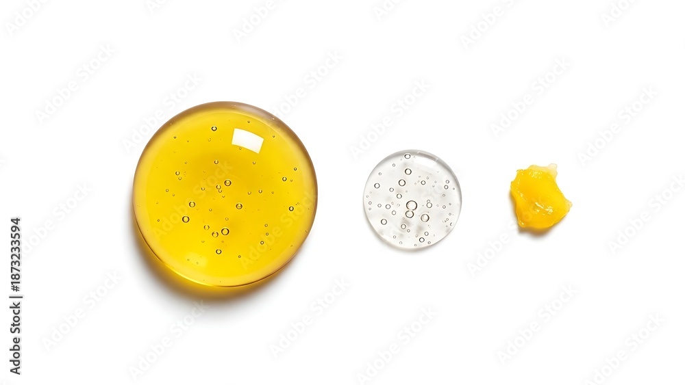 Fototapeta premium A close-up view of a yellow substance and two small containers on a white surface with a coin for scale