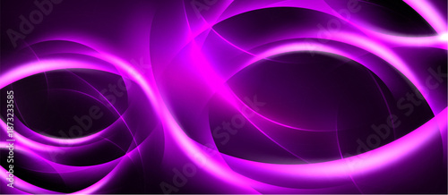 Abstract purple swirls, flowing lines create dynamic visual effect. Dark background emphasizes bright luminosity.
