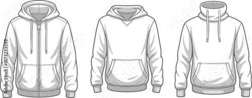 Hoodie sweatshirt front view variations technical fashion illustration, casual apparel design set, isolated white background, cad drawing flat vector illustration for clothing production templates