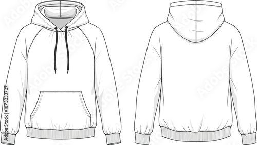Hoodie sweatshirt technical fashion illustration, front and back view apparel CAD drawing, flat vector design, hooded pullover template, streetwear garment specification guide