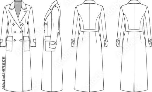 Long trench coat technical fashion illustration with front side back views, tailored outerwear design template, isolated white background, cad drawing flat vector illustration