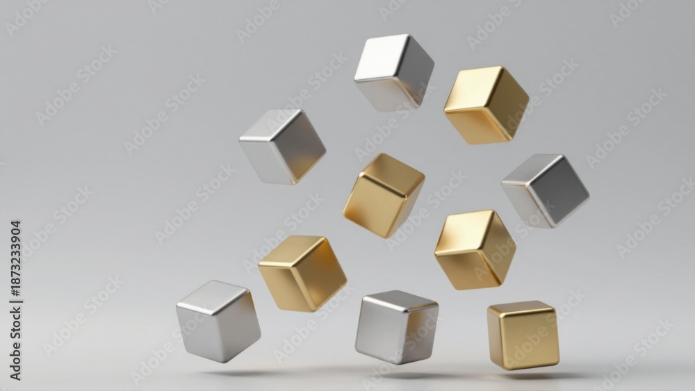 Fototapeta premium Metallic cubes falling, silver and gold, dynamic motion, physics simulation, abstract business concept, clean background