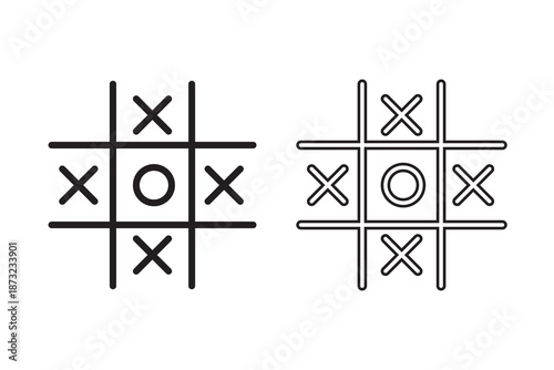 Tic tac toe game icon set vector on white background. strategy, mark, cross, circle, competition, leisure, fun, childhood, board, grid, symbol.