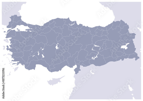グレー色のトルコ／トルコ共和国の行政区分地図。Gray map of administrative divisions of Türkiye/Republic of Turkey