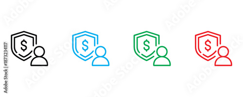 Financial protection icons for secure transactions and investment icon set vector on white background. security, shield, dollar, person, protection, money, safe, secure, transaction symbol.