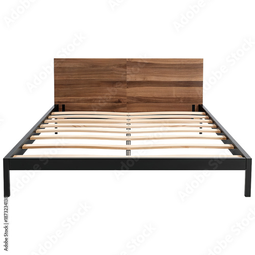 Wood and Metal Bed Frame With Wooden Headboard and Slatted Base Ready for Ass...