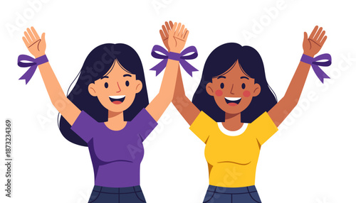 Two women celebrating with purple ribbons raised in the air  
