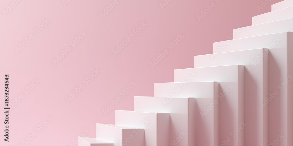 Fototapeta premium Realistic white ceramic staircase folded like an accordion in a surreal minimalist concept on a pastel powder pink background