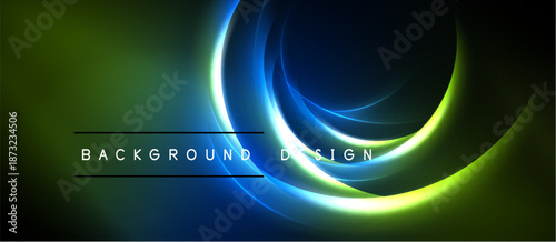 Abstract neon circles, vibrant colors blend. Dark background emphasizes glowing curves, modern design element. Smooth gradients create depth.