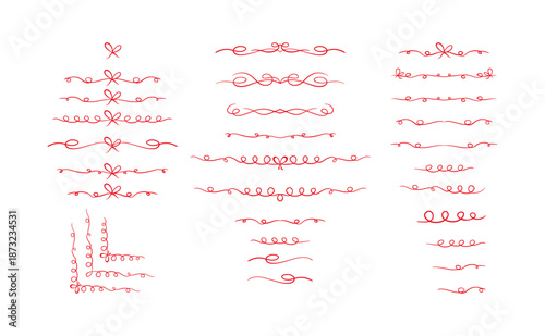Coquette Ribbon Dividers Set, Red Vintage Cute Simple Lines, Hand Drawn Bow with Loops, Decorative Wedding or Birthday Border Frame Minimalist Doodle Isolated Design Elements for Valentines Day Cards