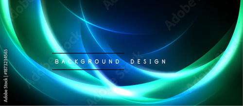 Abstract blue, green glowing lines form curved shapes. Dark background emphasizes bright light effects. Text reads background design.