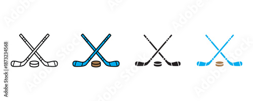 Hockey sticks and puck icon set vector on white background. sports, equipment, ice hockey, game, play, fun, team, sporty, athletic, competition, excitement symbol. vector illustration.