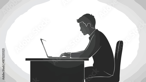 Silhouette of a focused man working diligently on a laptop at a desk, illustrating themes of productivity, concentration, and modern workspace design in a minimalist style.